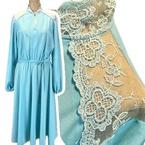 VINTAGE Montgomery Ward dress lace aqua teal midi long sleeve semi formal 70s